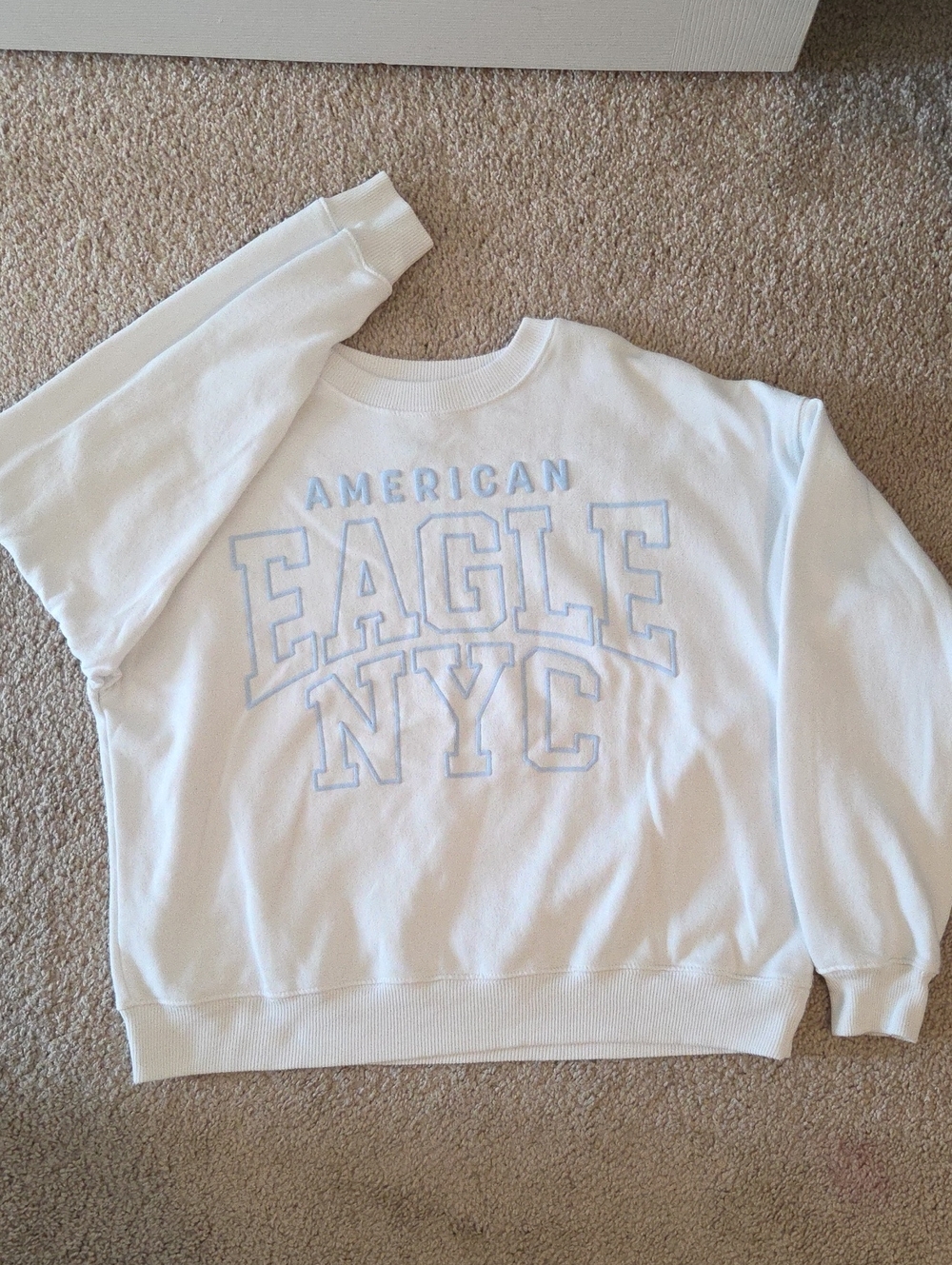 American Eagle Outfitters White Crewneck Sweatshirt with Light Blue Embroidery